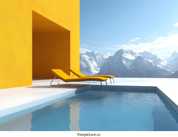 Modern Yellow Building With Swimming Pool And Mountain View