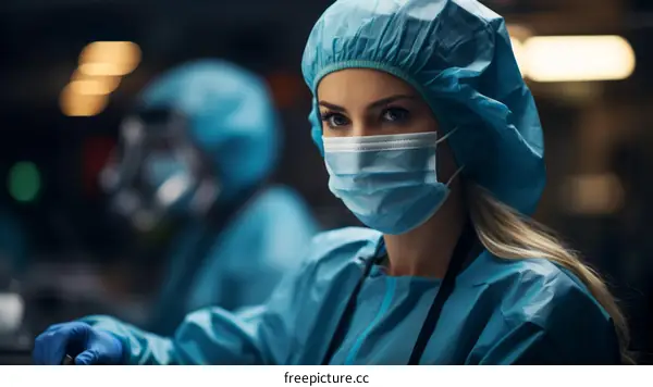 Portrait of a female surgeon in a surgical cap and mask