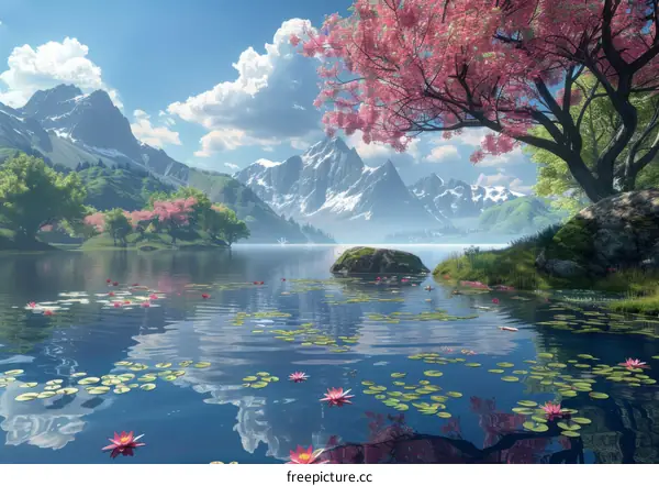 Serene Mountain Lake with Cherry Blossoms
