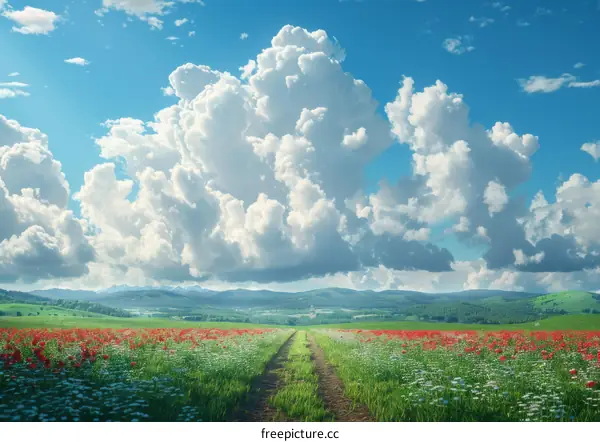 Countryside scenery with a dirt road through a field of red flowers and green grass under a blue sky with white clouds
