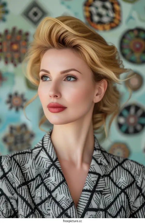 Elegant blonde woman with blue eyes and red lips wearing a patterned jacket