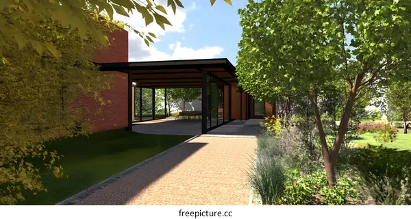 Modern House with Brick Wall and Patio