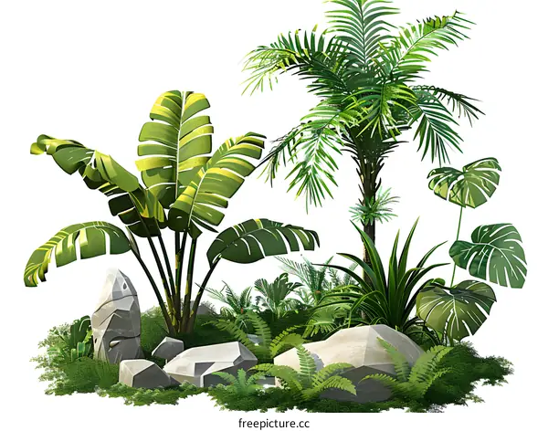 lush green tropical plants and rocks