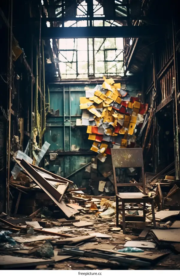 A chair in a room with broken furniture and debris