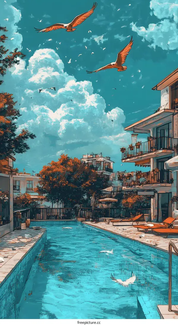 Summer Poolside Illustration With Blue Sky and Birds