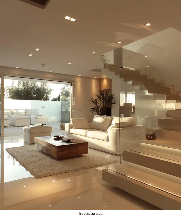Modern Living Room with Glass Staircase and High Ceilings