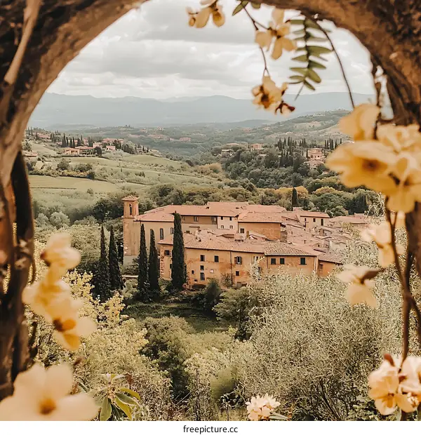 Tuscan Village Framed by Blossoming Tree Branches