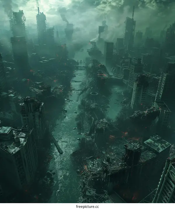 A post-apocalyptic city with a river running through it