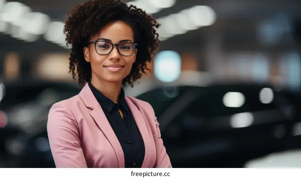 Portrait of a young African-American woman in a pink suit standing in a car dealership.