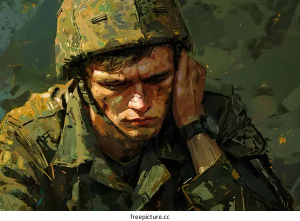 A soldier wearing a helmet looks sad and tired