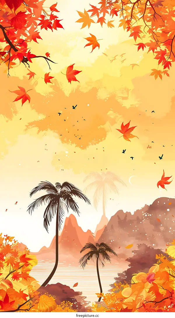 Autumn Landscape with Palm Trees and Falling Leaves