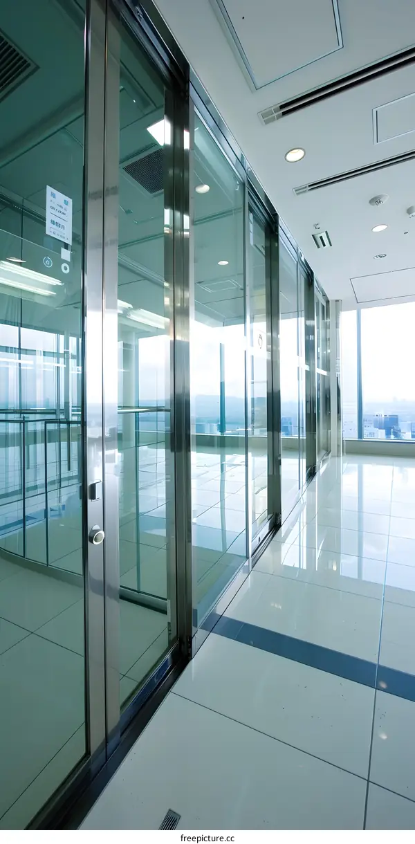 Modern Office Building Interior With Glass Doors And City View