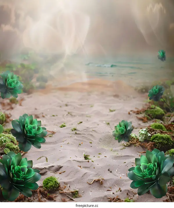 Green Succulents on a Sandy Beach with a Blurry Background
