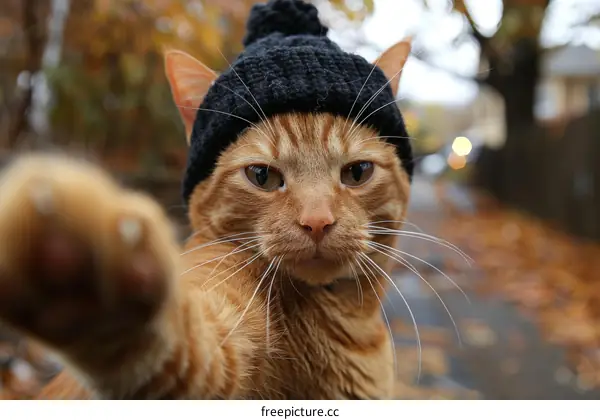 ginger cat wearing black beanie
