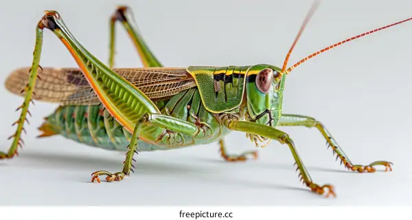 A green grasshopper on a white background