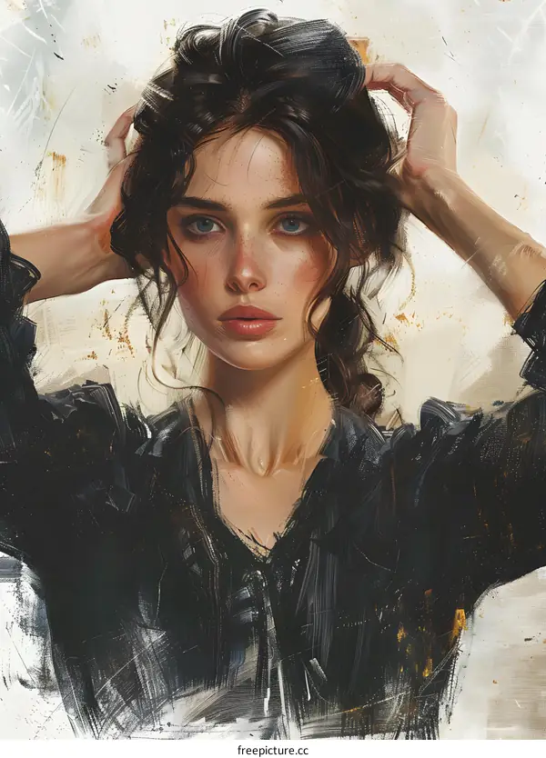 Woman with Dark Hair and Blue Eyes Adjusting her Hair