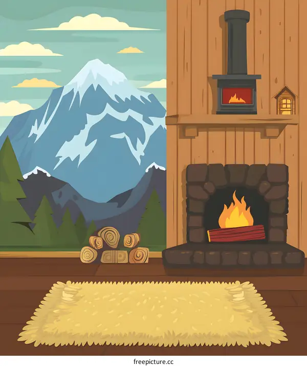 Cozy Cabin Interior with Mountain View and Fireplace