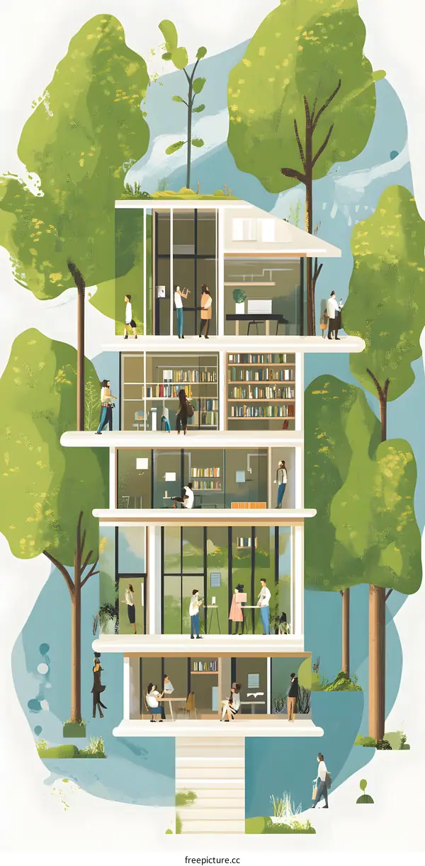 Modern Office Building with Green Roof and Surrounding Trees