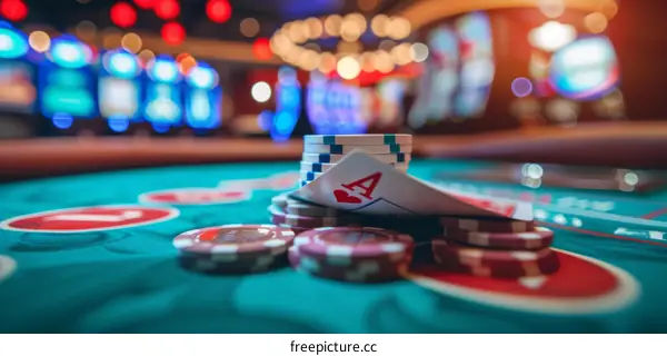 Assortment of casino chips and playing cards on a gaming table