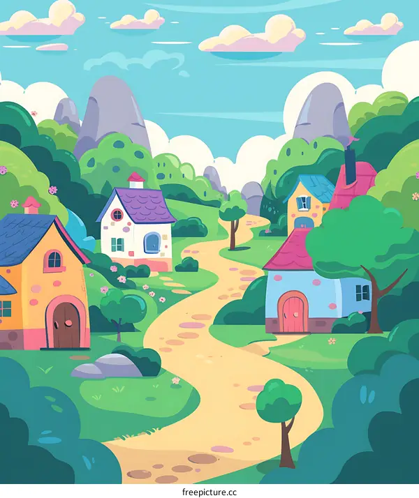 Cartoon Village with Winding Path and Houses