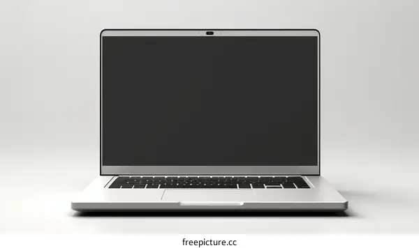 A silver laptop sits on a white surface with a blank screen