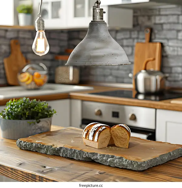 Rustic Kitchen Interior With Fresh Bread On Cutting Board