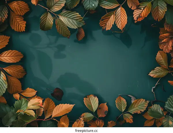 Autumn Leaves Frame On Teal Background