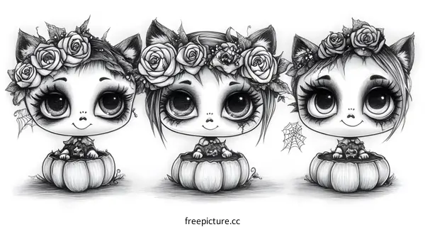 Three Cute Halloween Cats in Pumpkins
