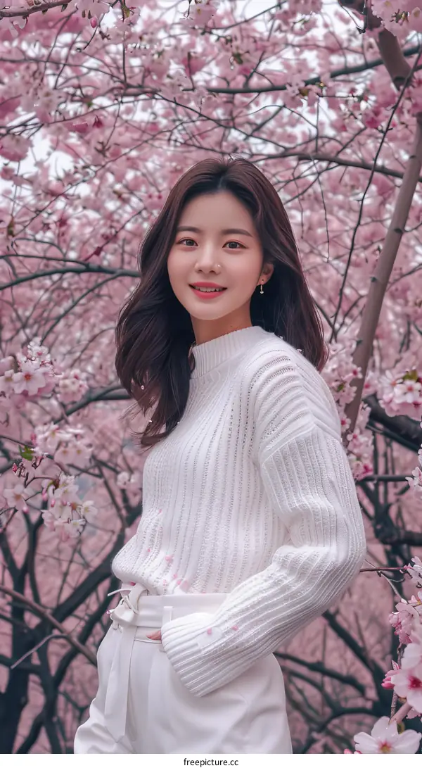 Portrait of a young Asian woman standing in a cherry blossom garden