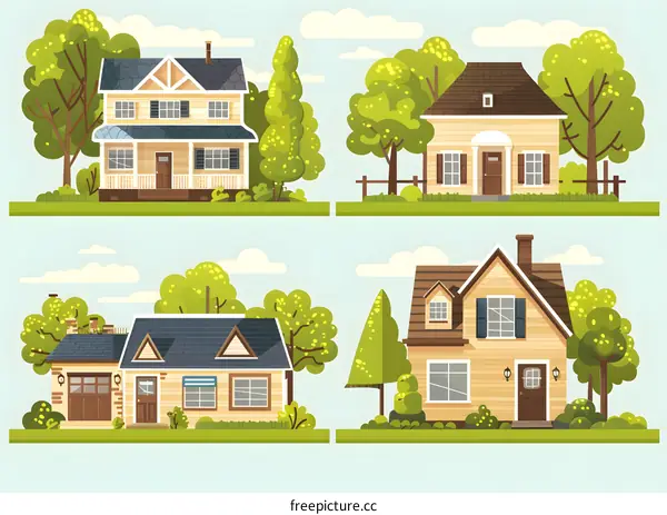Set of Four Illustration of Different Style Houses with Green Trees