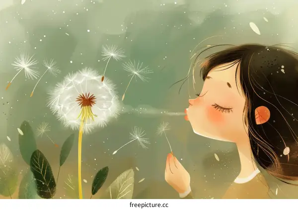 Little girl blowing dandelion seeds in the wind