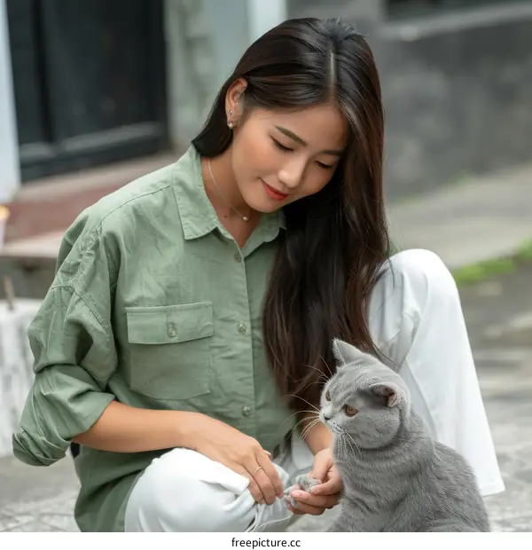 A young woman is petting a gray cat on the street