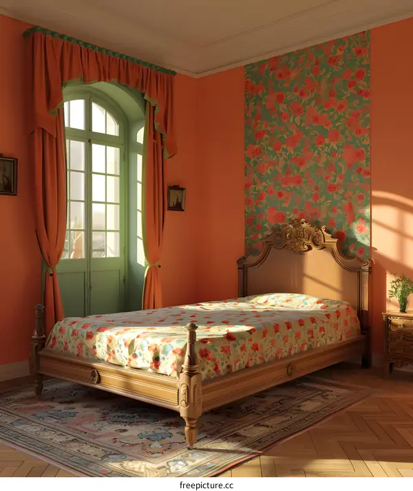 Vintage Bedroom Interior Design with Floral Wallpaper and Wooden Bed