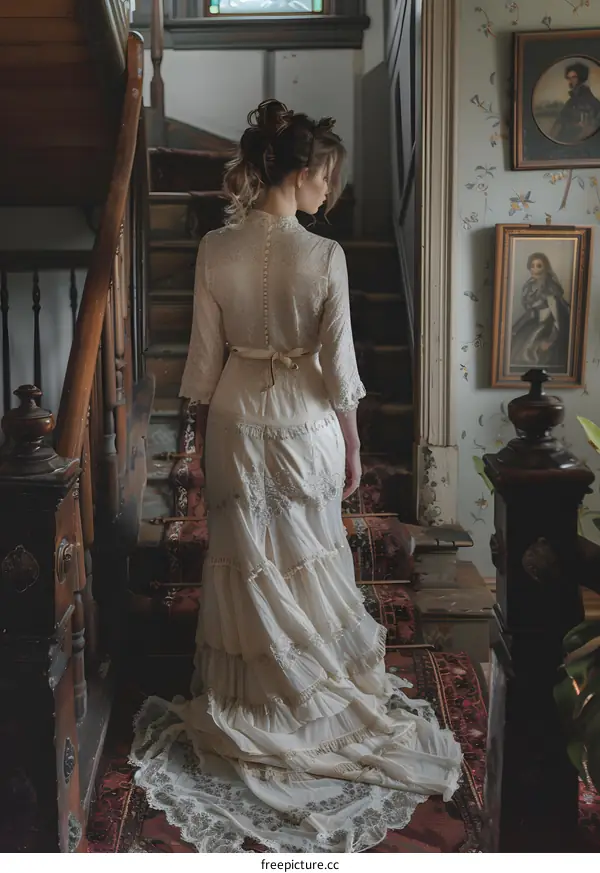 woman in white dress walking up the stairs