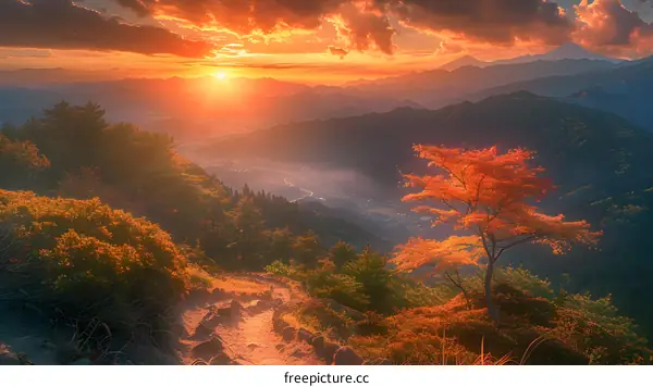 Sunset over the mountain path