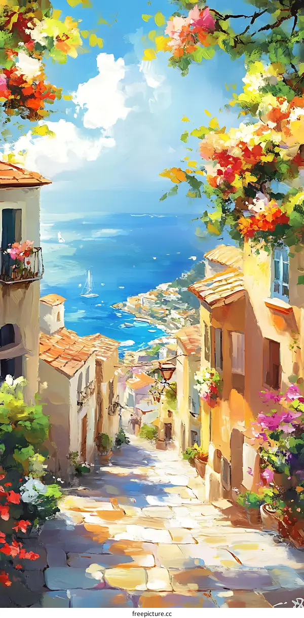 Mediterranean Village Painting with Blue Sea View