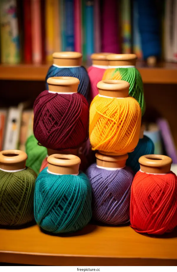 Colorful Yarn Balls Stacked on Bookshelves for Crafts