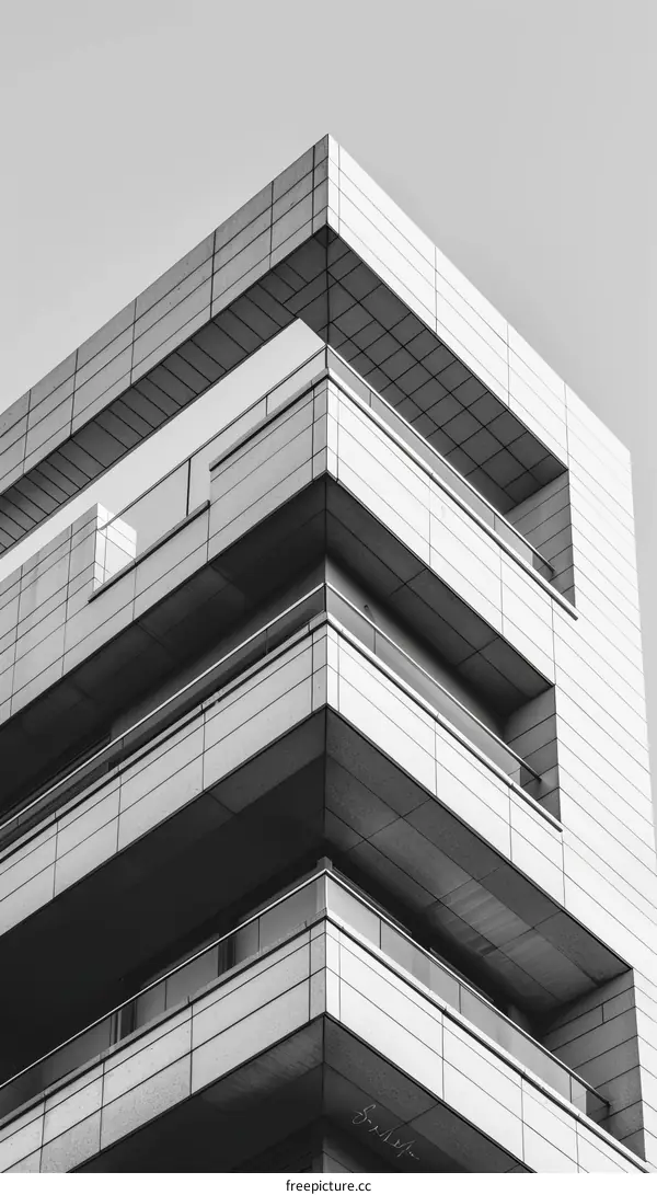 Black and white photo of a modern office building