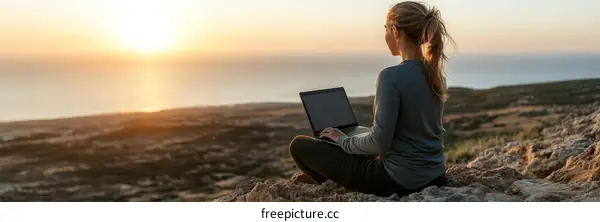 Woman Working on Laptop Outdoor Scenic View