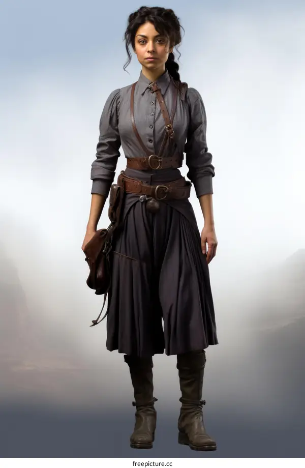 A young woman with a gun in a grey shirt and brown skirt stands in front of a white background