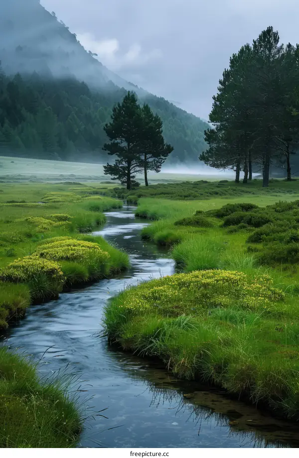 Lush Green Valley with River, Pine Trees, and Mountain Background