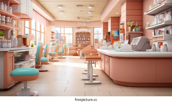 An illustration of a modern pharmacy interior