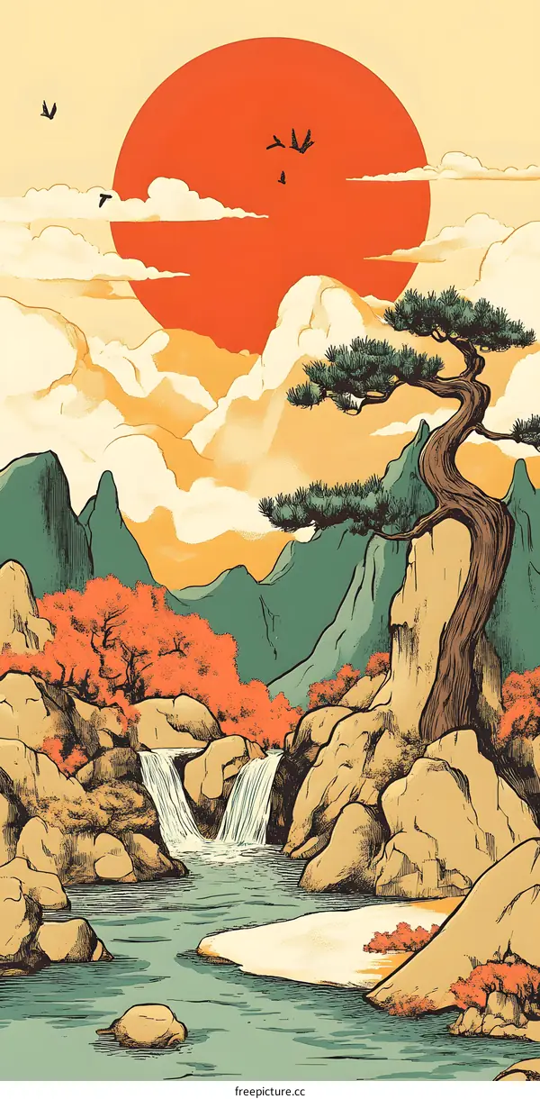 Japanese Style Mountain Landscape with Waterfall and Red Sun