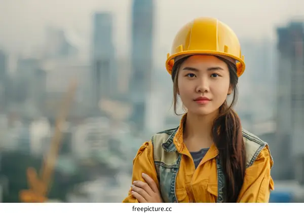 Asian woman engineer in yellow safety helmet