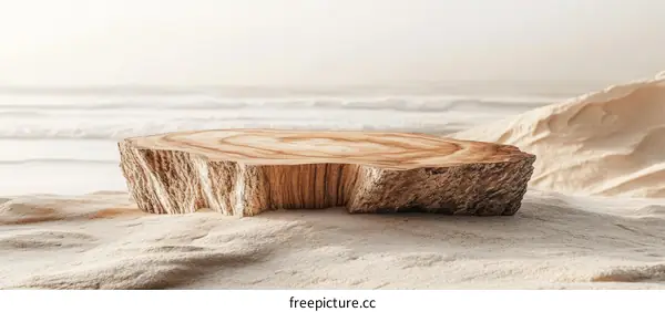 Wooden Slice Display Stand on Sandy Beach