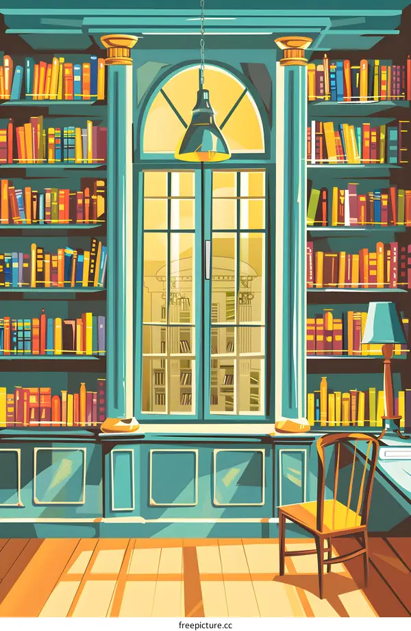 Library Interior with Bookshelves and Large Window