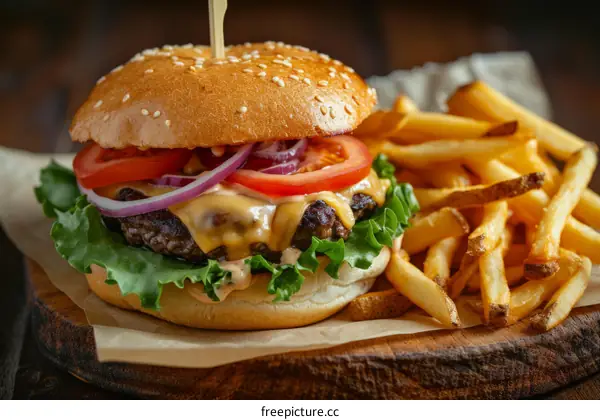 A cheeseburger with a side of fries on a wooden table