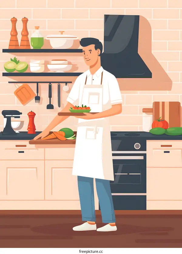 Man Cooking Vegetables in Kitchen