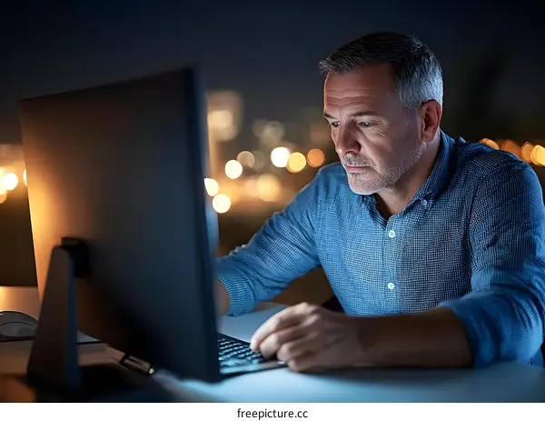 Man Working Late Night on Computer at Home Office