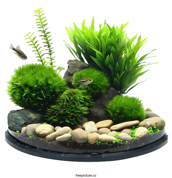 [Transparent Background PNG]Round Fish Tank with Green Plants and Rocks